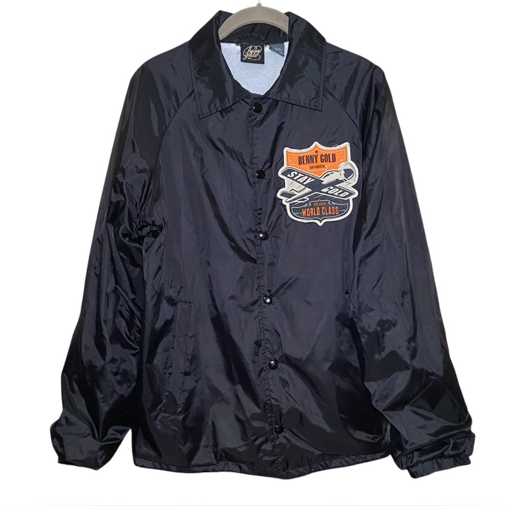 Benny Gold Coaches Windbreaker Jacket Stay Gold Airplane Patch Size Small Black
